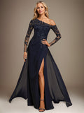 Trumpet/Mermaid Asymmetrical Illusion Floor-Length Lace Chiffon Evening Dress With Sequins