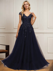 A-line V-Neck Floor-Length Tulle Lace Mother of the Bride Dress With Sequins