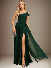 A-line Cold Shoulder One Shoulder Floor-Length Chiffon Evening Dress With Pleated