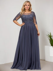 A-line Scoop Illusion Floor-Length Lace Chiffon Evening Dress With Sequins