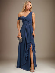 A-line Asymmetrical Floor-Length Chiffon Evening Dress With Cascading Ruffles Appliques Lace Sequins