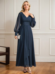 A-line V-Neck Ankle-Length Chiffon Mother of the Bride Dress With Cascading Ruffles Beading Sequins