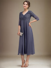 A-line V-Neck Tea-Length Chiffon Lace Mother of the Bride Dress With Beading