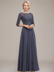 A-line Boat Neck Illusion Floor-Length Chiffon Lace Mother of the Bride Dress With Sequins Beading