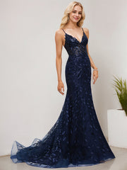 Trumpet/Mermaid V-Neck Sweep Train Tulle Prom Dresses With Sequins