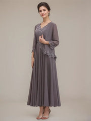 A-line V-Neck Ankle-Length Chiffon Mother of the Bride Dress With Sequins Appliques Lace Beading