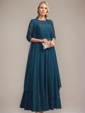 A-line Scoop Illusion Floor-Length Lace Chiffon Mother of the Bride Dress With Pleated