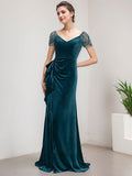 Sheath/Column V-Neck Sweep Train Velvet Evening Dress With Cascading Ruffles Beading