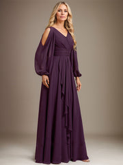 A-line Cold Shoulder V-Neck Floor-Length Chiffon Mother of the Bride Dress With Cascading Ruffles Beading