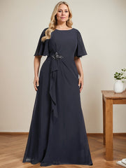 A-line Scoop Floor-Length Chiffon Mother of the Bride Dress With Cascading Ruffles Beading Sequins