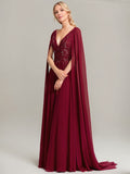 A-line V-Neck Sweep Train Lace Chiffon Mother of the Bride Dress With Sequins