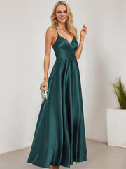 A-line V-Neck Floor-Length Satin Prom Dresses