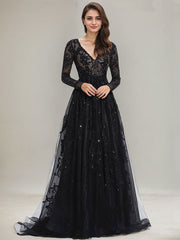 Ball-Gown/Princess V-Neck Sweep Train Tulle Lace Evening Dress With Sequins