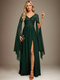 A-line V-Neck Floor-Length Lace Chiffon Evening Dress