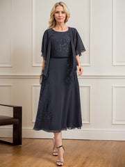 A-line Scoop Tea-Length Lace Chiffon Mother of the Bride Dress With Sequins