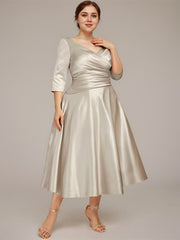 A-line V-Neck Tea-Length Satin Mother of the Bride Dress With Pleated