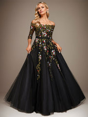 Ball-Gown/Princess Off the Shoulder Floor-Length Lace Floral Tulle Evening Dress With Beading