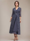 A-line V-Neck Tea-Length Chiffon Mother of the Bride Dress