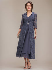 A-line V-Neck Tea-Length Chiffon Mother of the Bride Dress