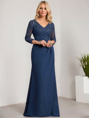 Sheath/Column V-Neck Illusion Floor-Length Lace Chiffon Mother of the Bride Dress With Pleated Sequins