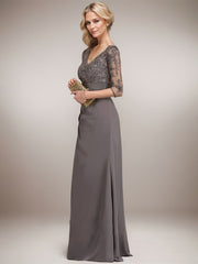 A-line V-Neck Floor-Length Lace Chiffon Mother of the Bride Dress With Cascading Ruffles