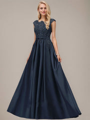 Ball-Gown/Princess Scoop Floor-Length Satin Prom Dresses With Bow Sequins Beading