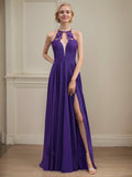 A-line Illusion Scoop Floor-Length Chiffon Evening Dress With Appliques Lace