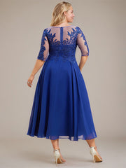 A-line Scoop Illusion Tea-Length Lace Chiffon Mother of the Bride Dress With Sequins