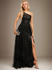 A-line One Shoulder Illusion Floor-Length Sequin Lace Evening Dress