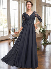 A-line V-Neck Floor-Length Lace Chiffon Mother of the Bride Dress With Sequins