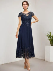 A-line Scoop Illusion Tea-Length Lace Chiffon Mother of the Bride Dress With Sequins