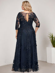 A-line Scoop Illusion Floor-Length Tulle Lace Mother of the Bride Dress With Sequins