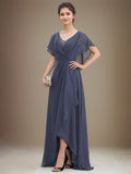 A-line V-Neck Asymmetrical Chiffon Mother of the Bride Dress With Sequins Beading Cascading Ruffles