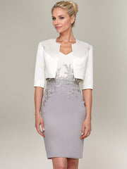 Sheath/Column V-Neck Knee-Length Satin Mother of the Bride Dress With Jacket Appliqued