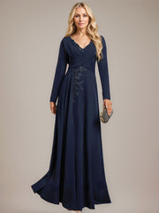 A-line V-Neck Floor-Length Stretch Crepe Evening Dress With Pleated Sequins Appliques Lace