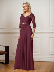 A-Line Floor-Length V-Neck Lace Chiffon Mother of the Bride Dress