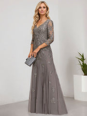 Trumpet/Mermaid V-Neck Floor-Length Tulle Lace Evening Dress With Sequins