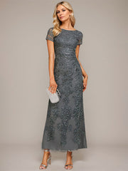 A-line Boat Neck Ankle-Length Lace Evening Dress With Sequins