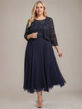 A-line Boat Neck Illusion Tea-Length Lace Chiffon Mother of the Bride Dress With Sequins