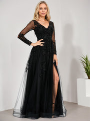 A-line V-Neck Floor-Length Tulle Prom Dresses With Sequins Appliques Lace Beading