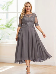 A-line Illusion Boat Neck Asymmetrical Chiffon Lace Mother of the Bride Dress With Sequins Beading