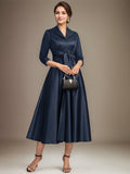 A-line V-Neck Collared Tea-Length Satin Mother of the Bride Dress