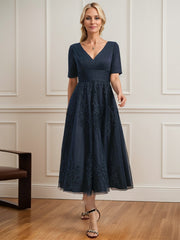 A-line V-Neck Tea-Length Tulle Lace Mother of the Bride Dress With Pleated