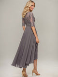 A-line Illusion Boat Neck Asymmetrical Chiffon Lace Mother of the Bride Dress With Sequins Beading