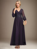 A-line V-Neck Ankle-Length Lace Chiffon Mother of the Bride Dress With Sequins