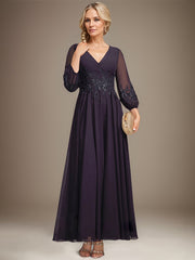 A-line V-Neck Ankle-Length Lace Chiffon Mother of the Bride Dress With Sequins