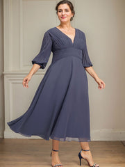 A-line V-Neck Tea-Length Chiffon Mother of the Bride Dress With Pleated