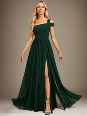 A-line Cold Shoulder One Shoulder Floor-Length Chiffon Evening Dress With Pleated