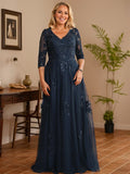 A-line V-Neck Floor-Length Tulle Lace Mother of the Bride Dress With Sequins