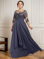 A-line Scoop Illusion Floor-Length Lace Chiffon Mother of the Bride Dress With Cascading Ruffles